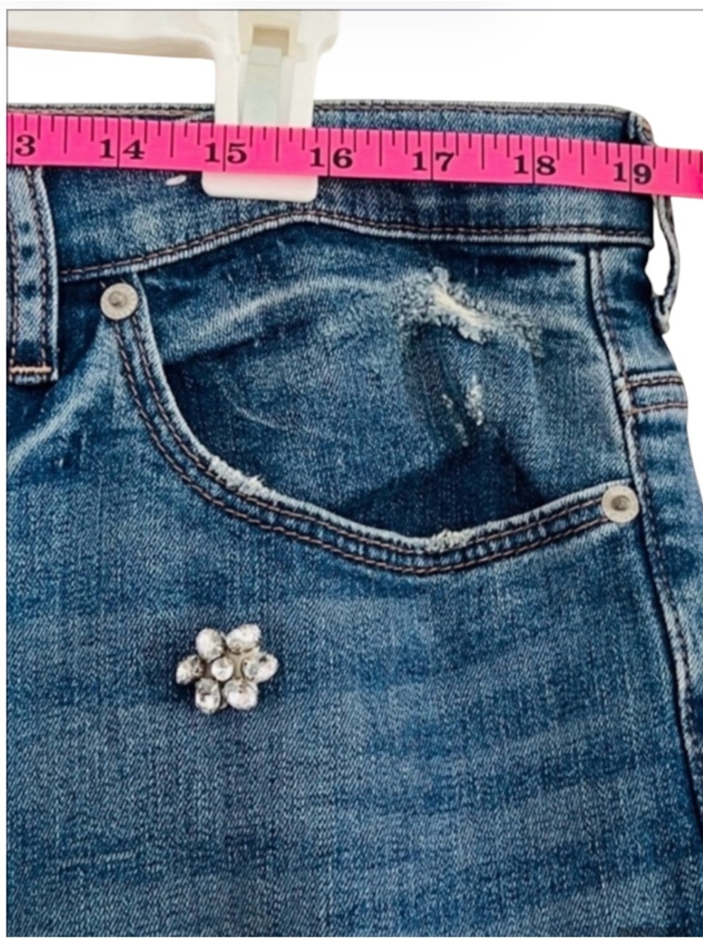 Express High Rise Girlfriend Jeans Rhinestone Distressed Raw Hem 16 - Picture 6 of 11